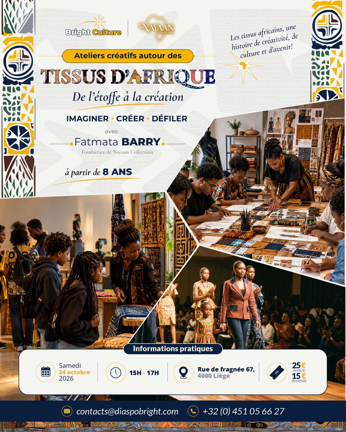 Affiche — Tissus d'Afrique, atelier créatif avec Fatmata Barry, samedi 24 octobre 2026, 15h-17h, Rue de Fragnée 67 à Liège