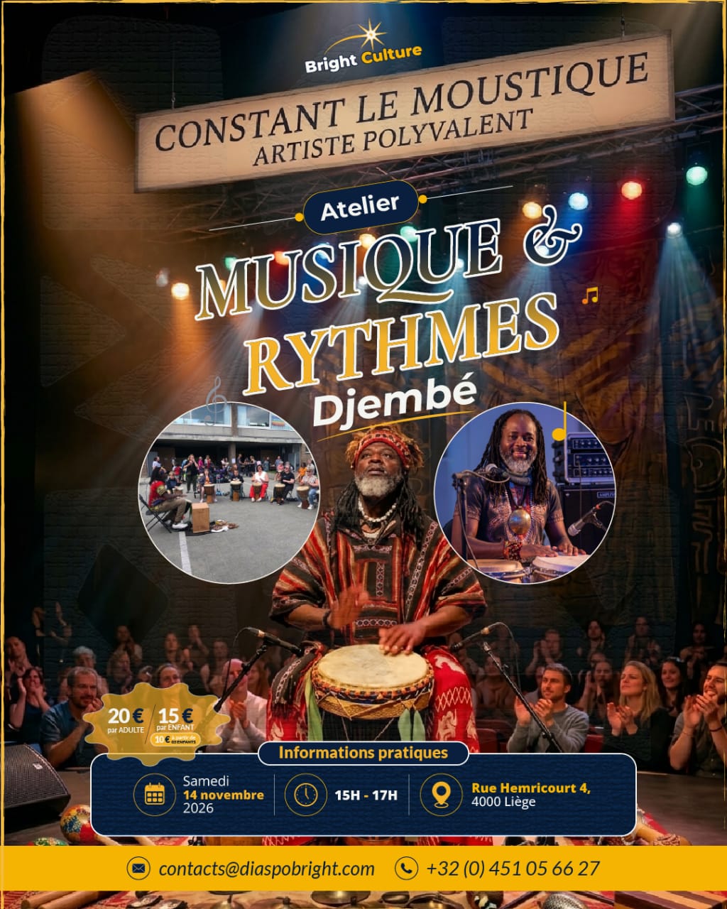 Constant Le Moustique, artiste polyvalent, animant l'atelier Musique & Rythmes au djembé