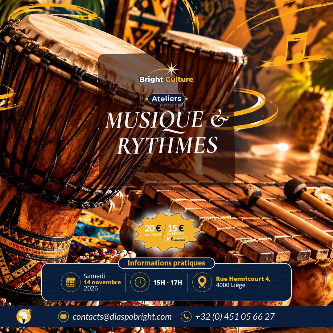 Affiche — Musique & Rythmes, atelier djembé avec Constant Le Moustique, samedi 14 novembre 2026, 15h-17h, Rue Hemricourt 4 à Liège